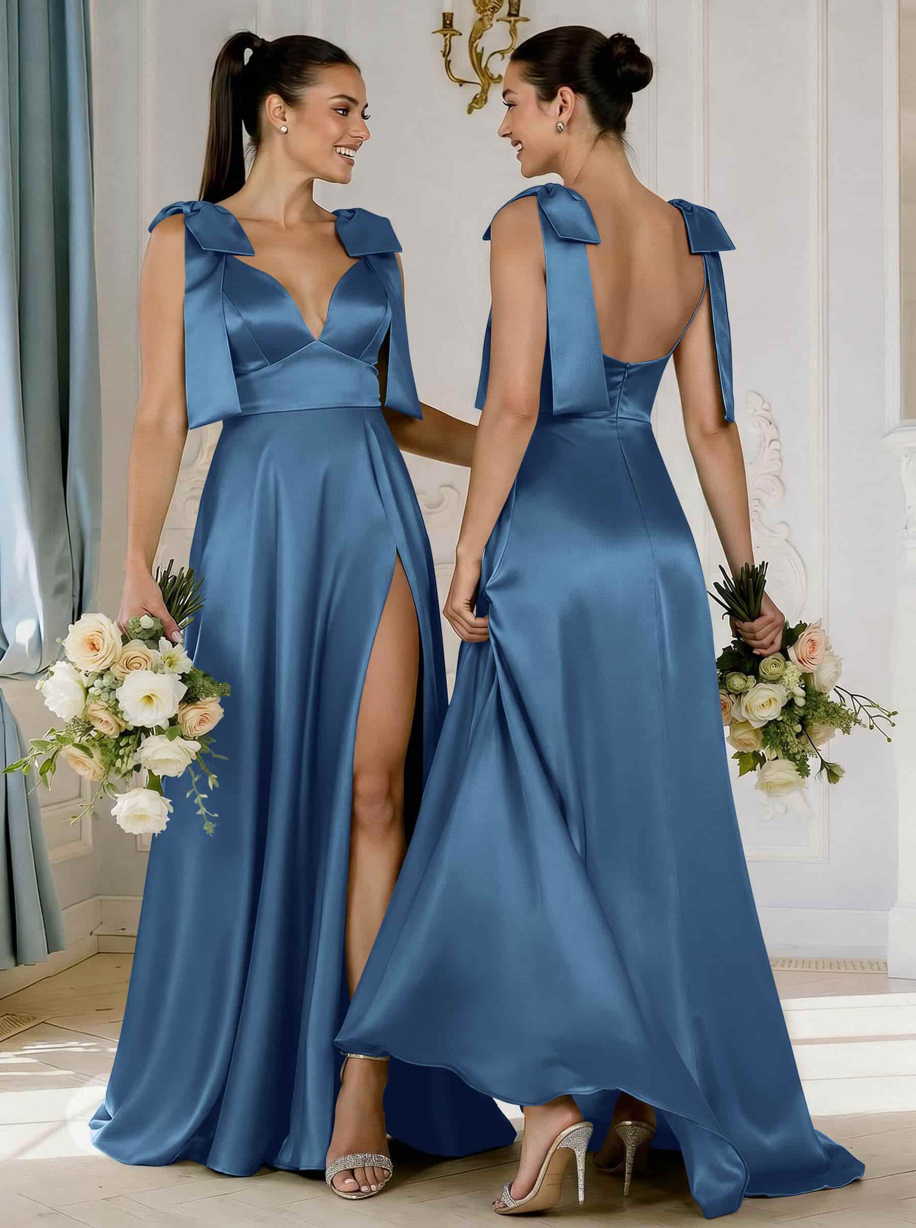 A-Line Plunge Neck Sleeveless Floor-Length Satin Bridesmaid Dresses With Bow(s)/High Split, product image 5