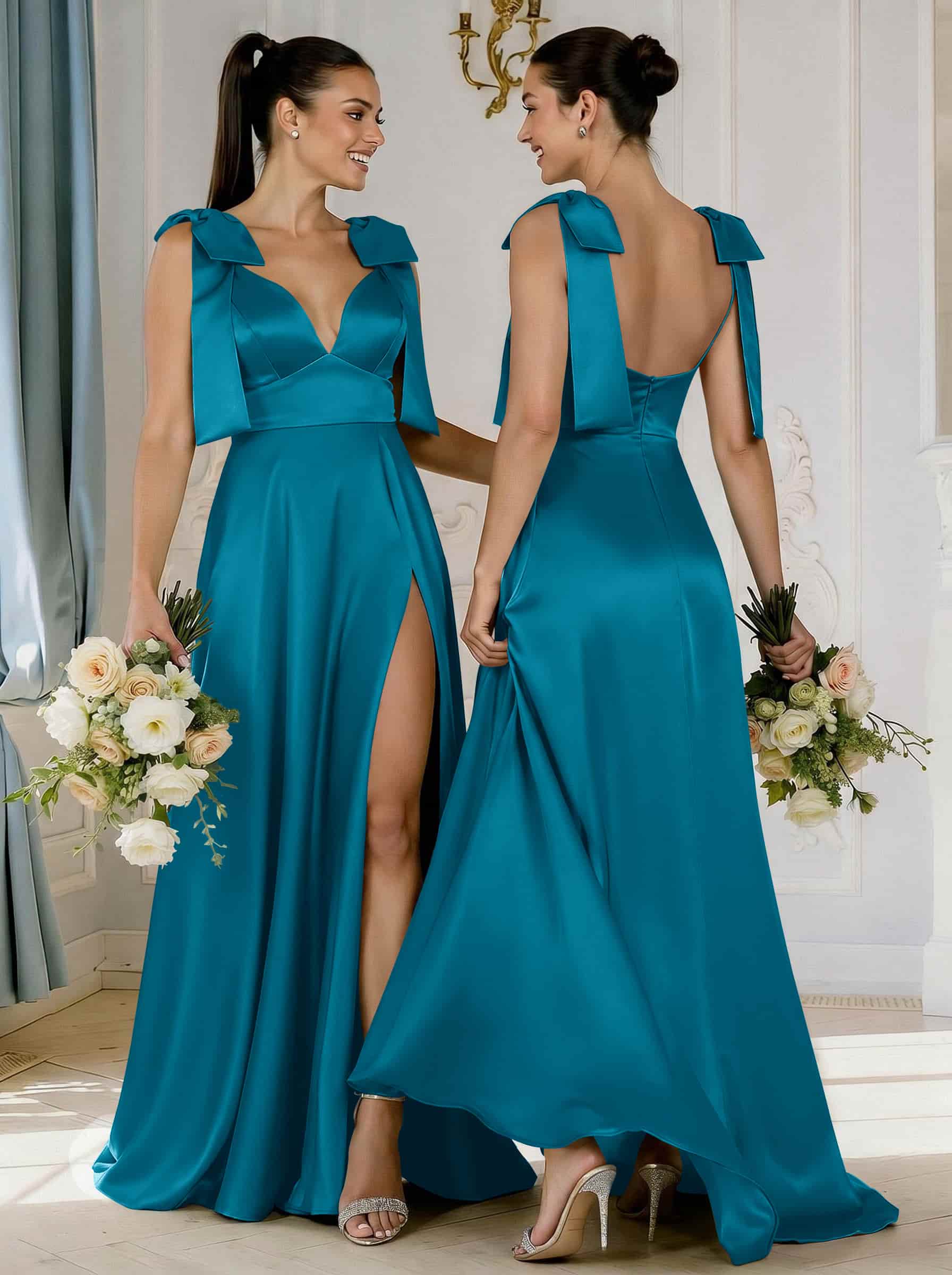 A-Line Plunge Neck Sleeveless Floor-Length Satin Bridesmaid Dresses With Bow(s)/High Split, product image 68