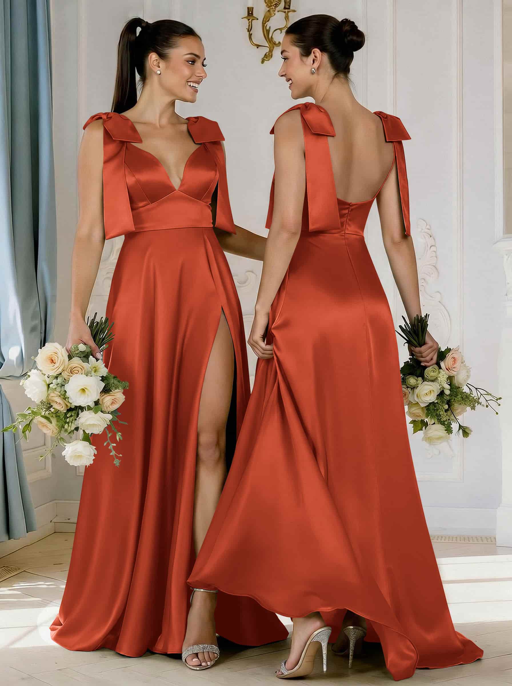 A-Line Plunge Neck Sleeveless Floor-Length Satin Bridesmaid Dresses With Bow(s)/High Split, product image 67