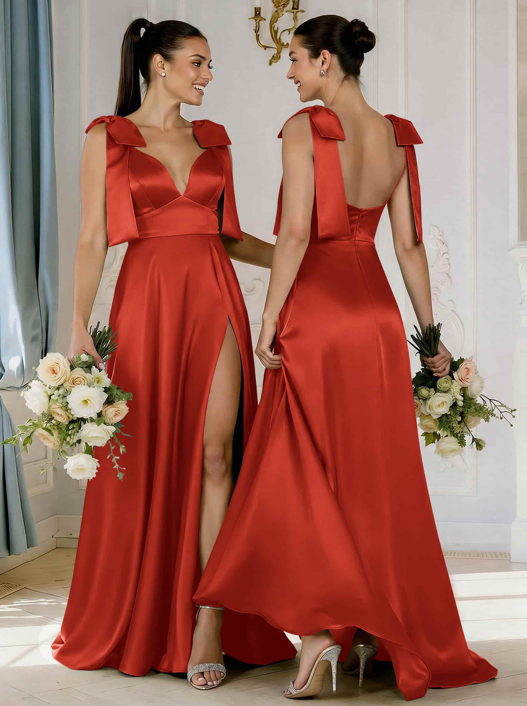 A-Line Plunge Neck Sleeveless Floor-Length Satin Bridesmaid Dresses With Bow(s)/High Split, product image 19