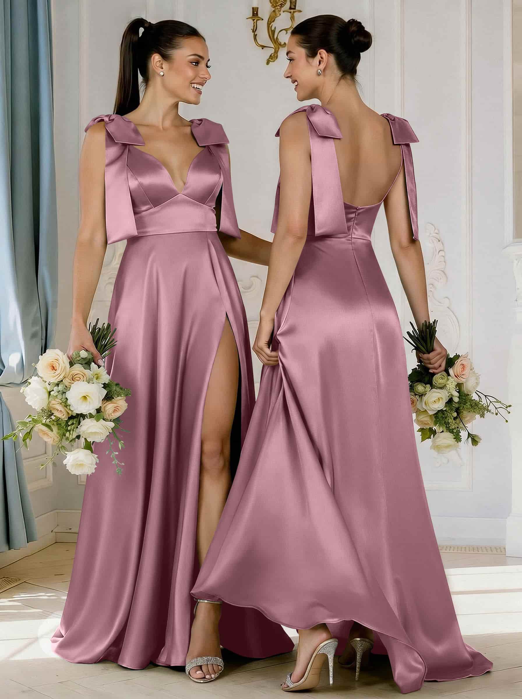 A-Line Plunge Neck Sleeveless Floor-Length Satin Bridesmaid Dresses With Bow(s)/High Split, product image 30