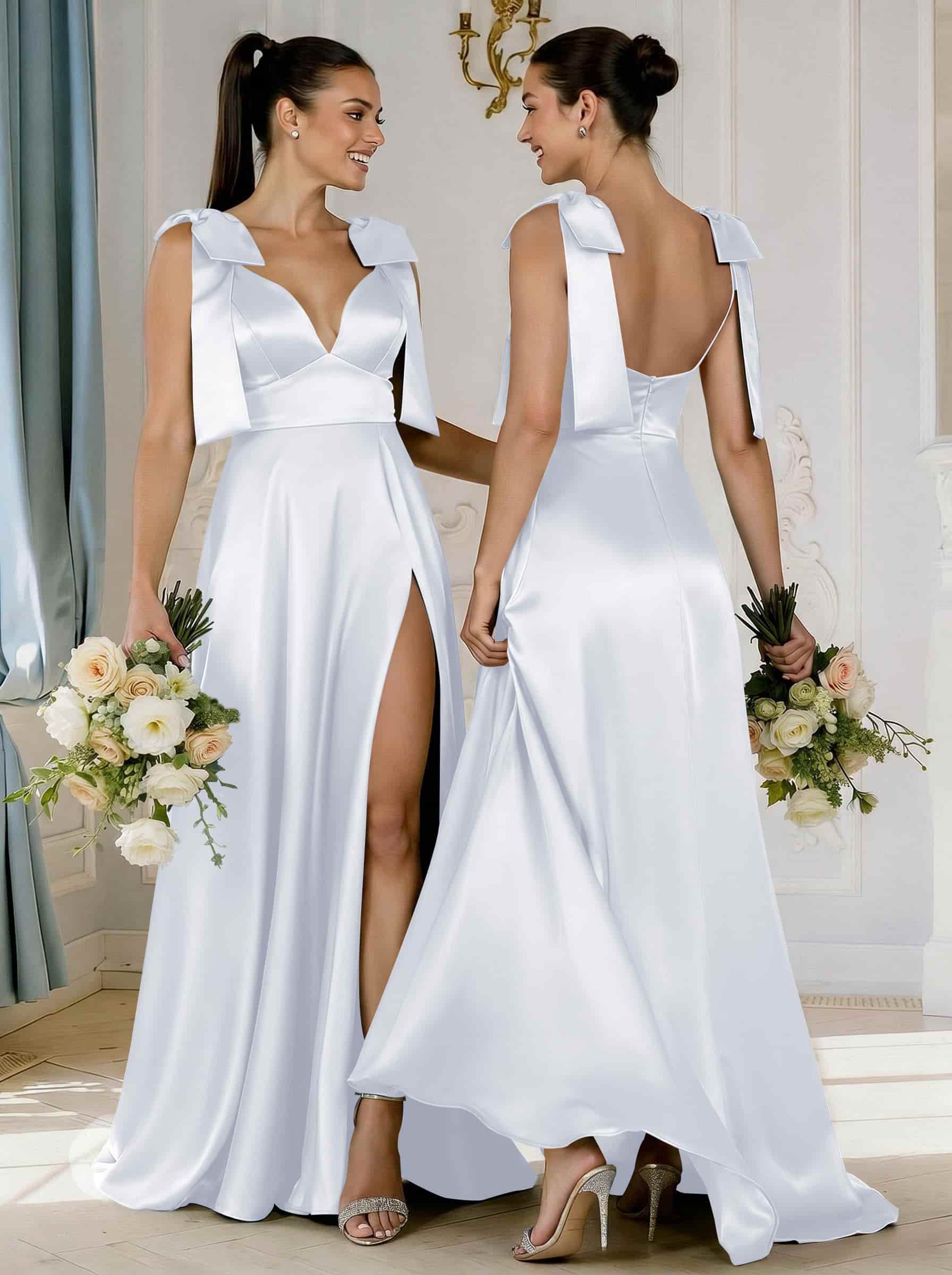 A-Line Plunge Neck Sleeveless Floor-Length Satin Bridesmaid Dresses With Bow(s)/High Split, product image 54