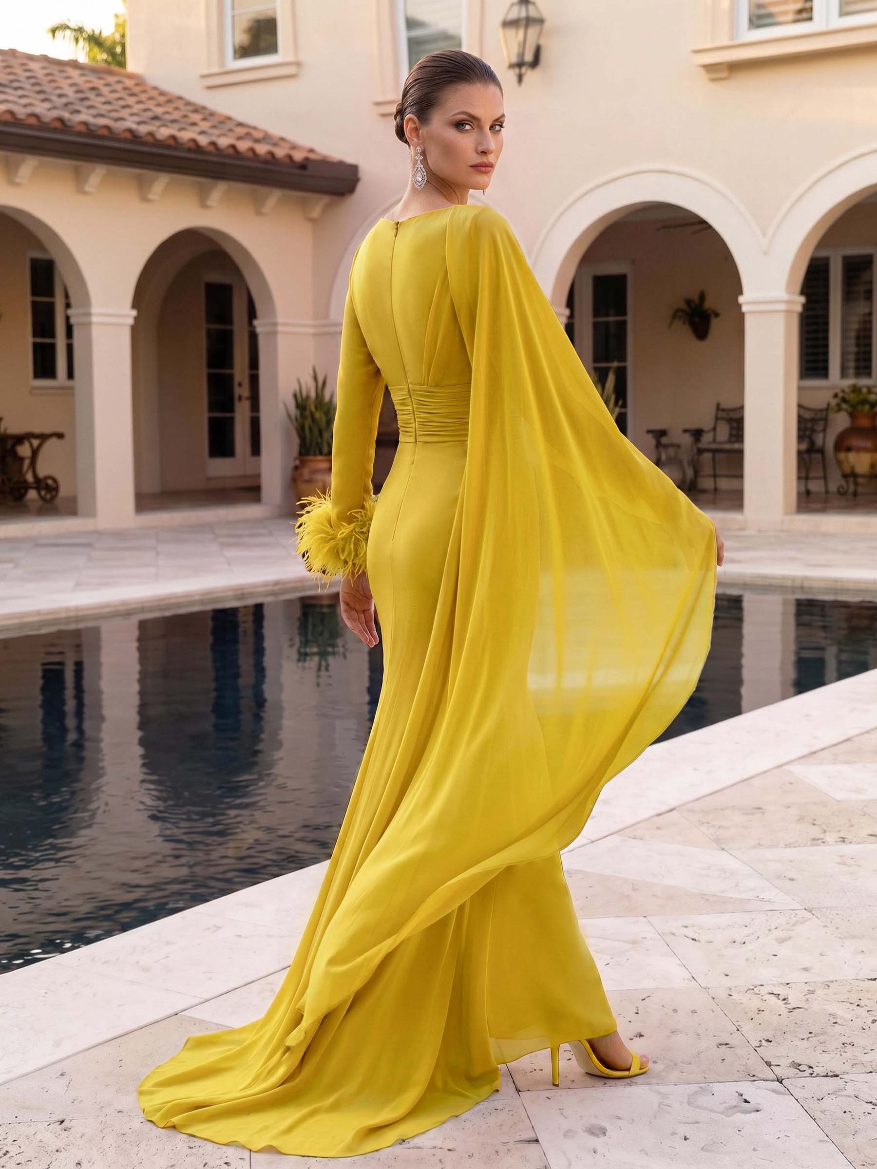 A-Line V-Neck Long Sleeves Court Train Evening Dresses With Sweeping Side Drape