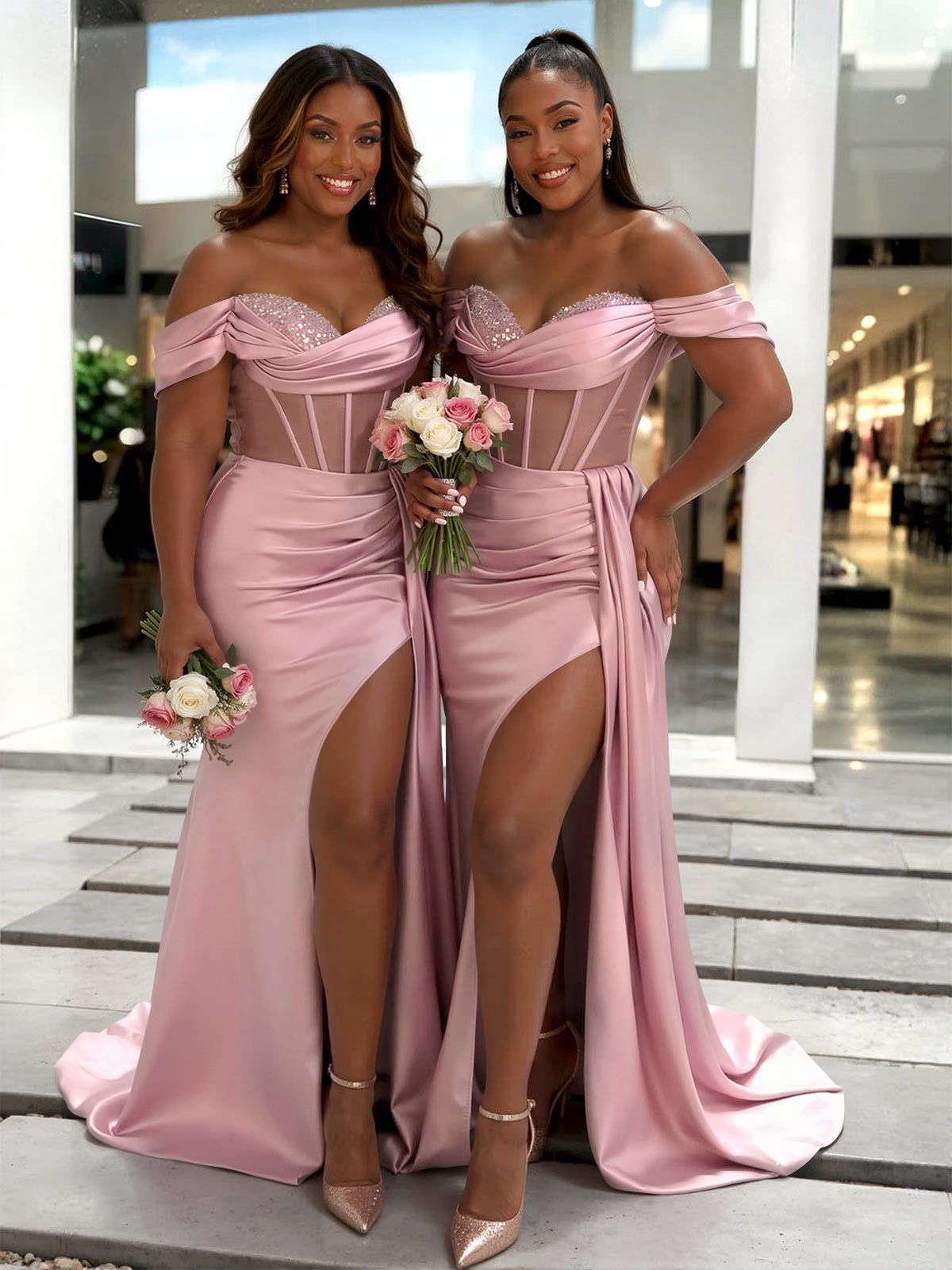 Sheath/Column Off-The-Shoulder Sleeveless Sweep Train Charmeuse Bridesmaid Dresses With High Split