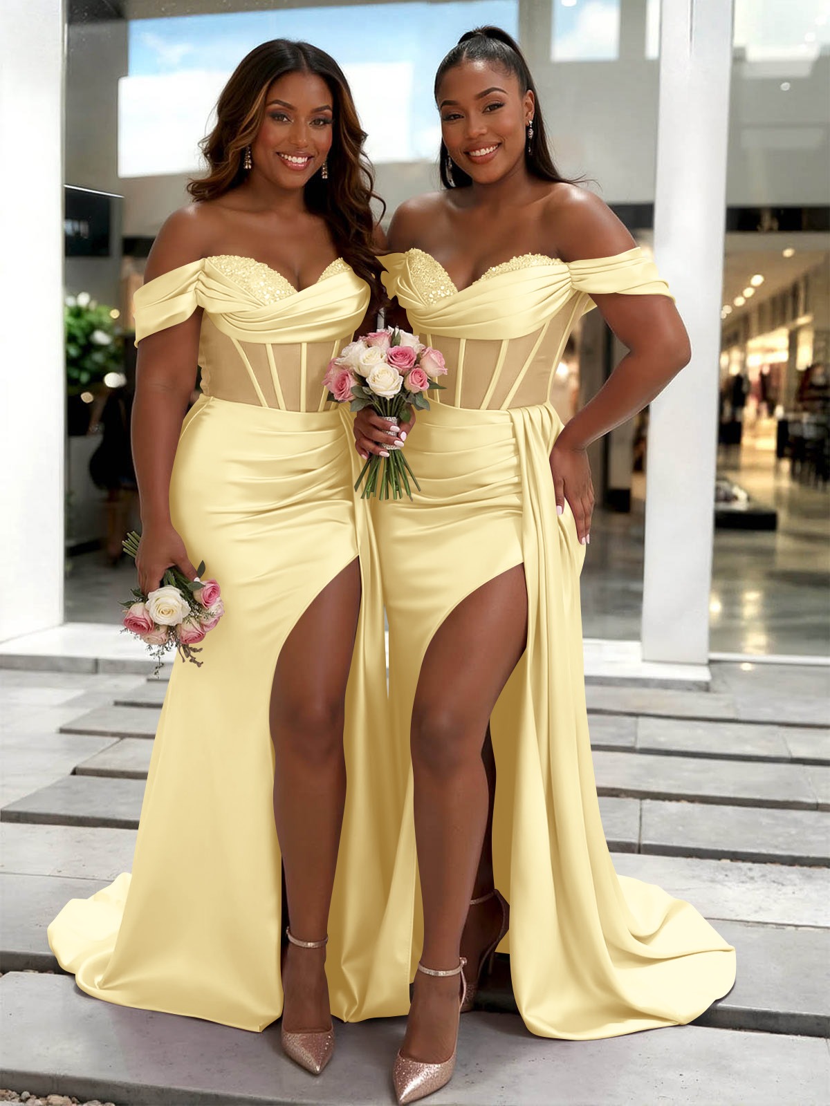 Sheath/Column Off-The-Shoulder Sleeveless Sweep Train Charmeuse Bridesmaid Dresses With High Split