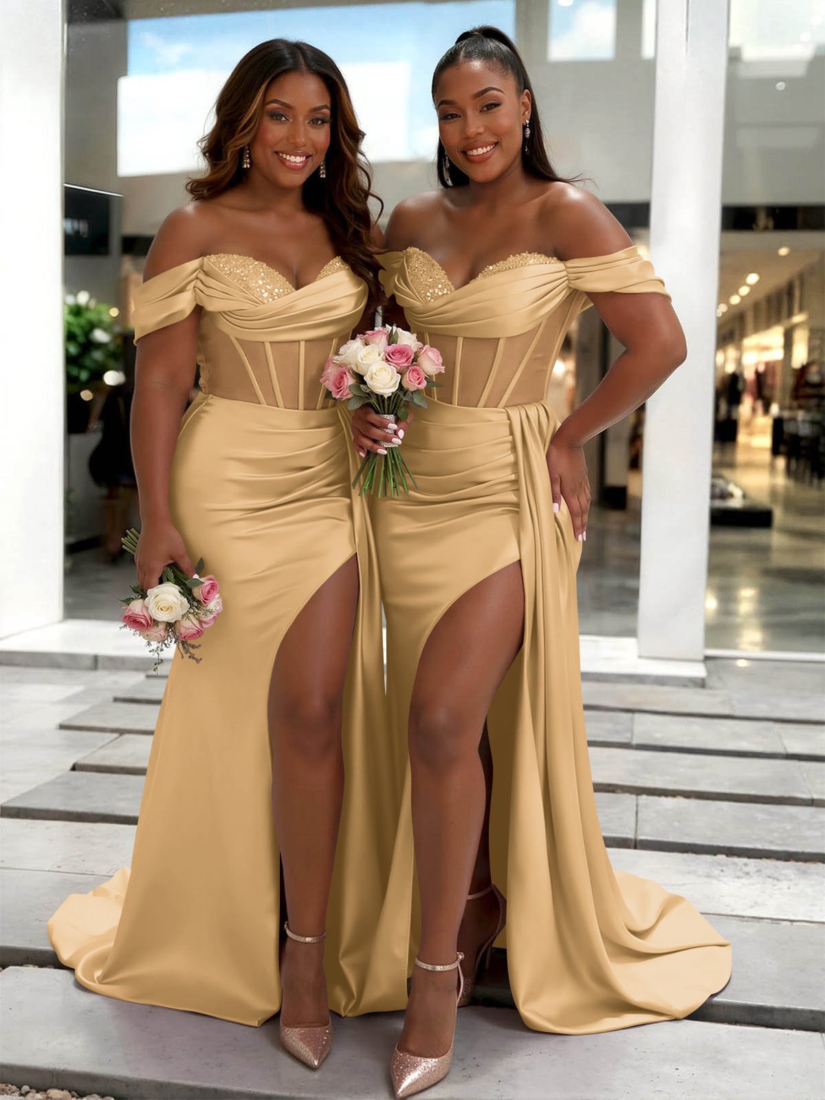 Sheath/Column Off-The-Shoulder Sleeveless Sweep Train Charmeuse Bridesmaid Dresses With High Split