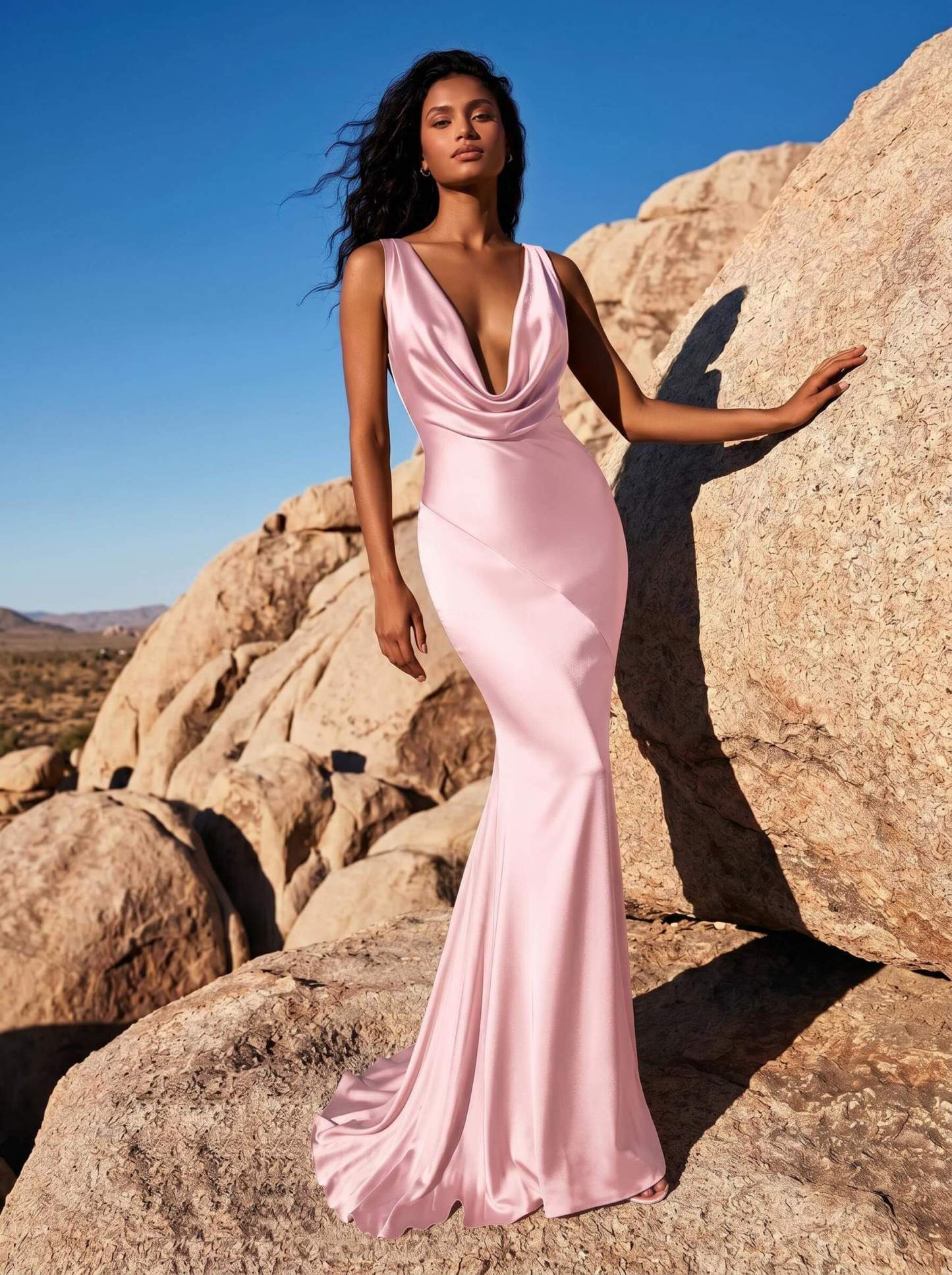 Trumpet/Mermaid Cowl Neck Sleeveless Silk Like Satin Bridesmaid Dresses With Back Hole, product image 8