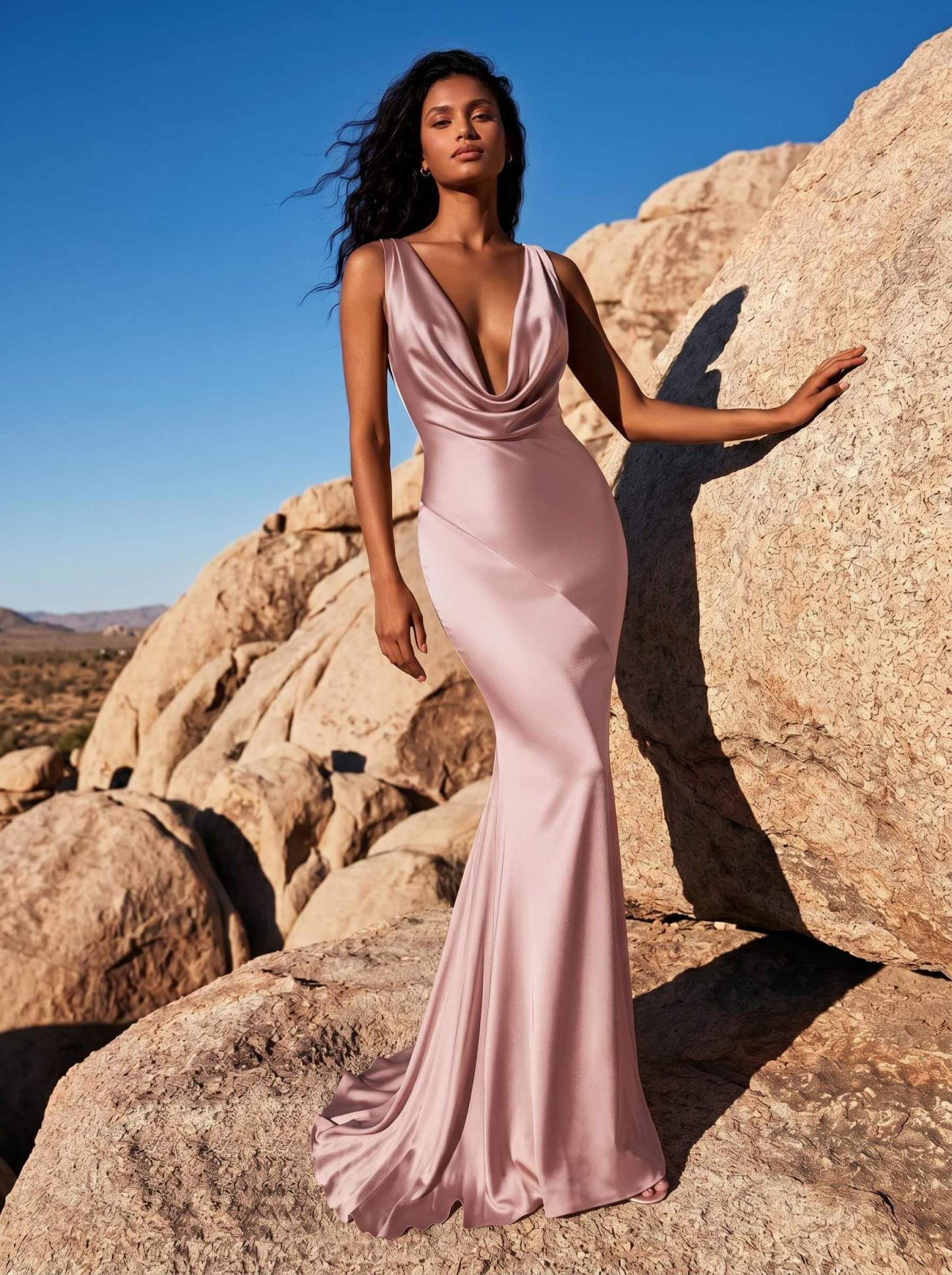 Trumpet/Mermaid Cowl Neck Sleeveless Silk Like Satin Bridesmaid Dresses With Back Hole, product image 14