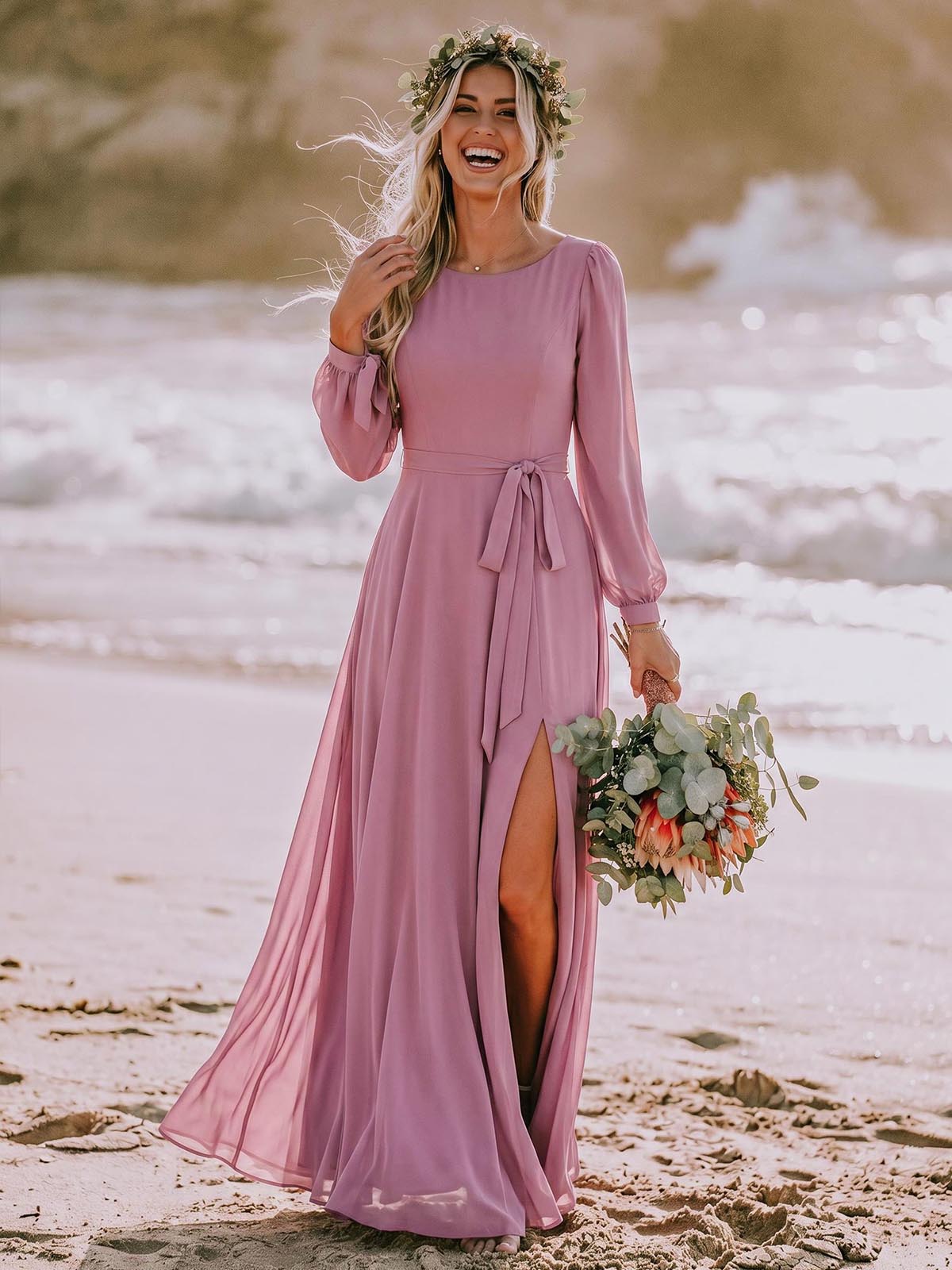 A-Line Scoop Neck Long Sleeves Floor-Length Chiffon Bridesmaid Dresses With Split Front Sash Bubble Hem in Mauve, US2