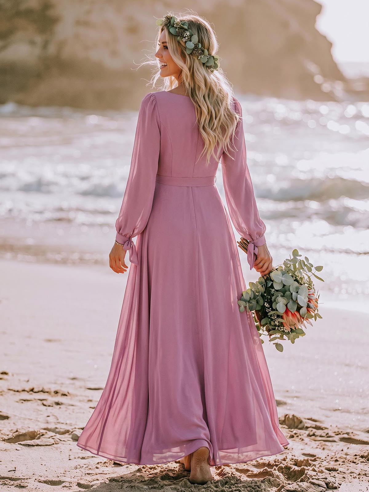 A-Line Scoop Neck Long Sleeves Floor-Length Chiffon Bridesmaid Dresses With Split Front Sash Bubble Hem, product image 2
