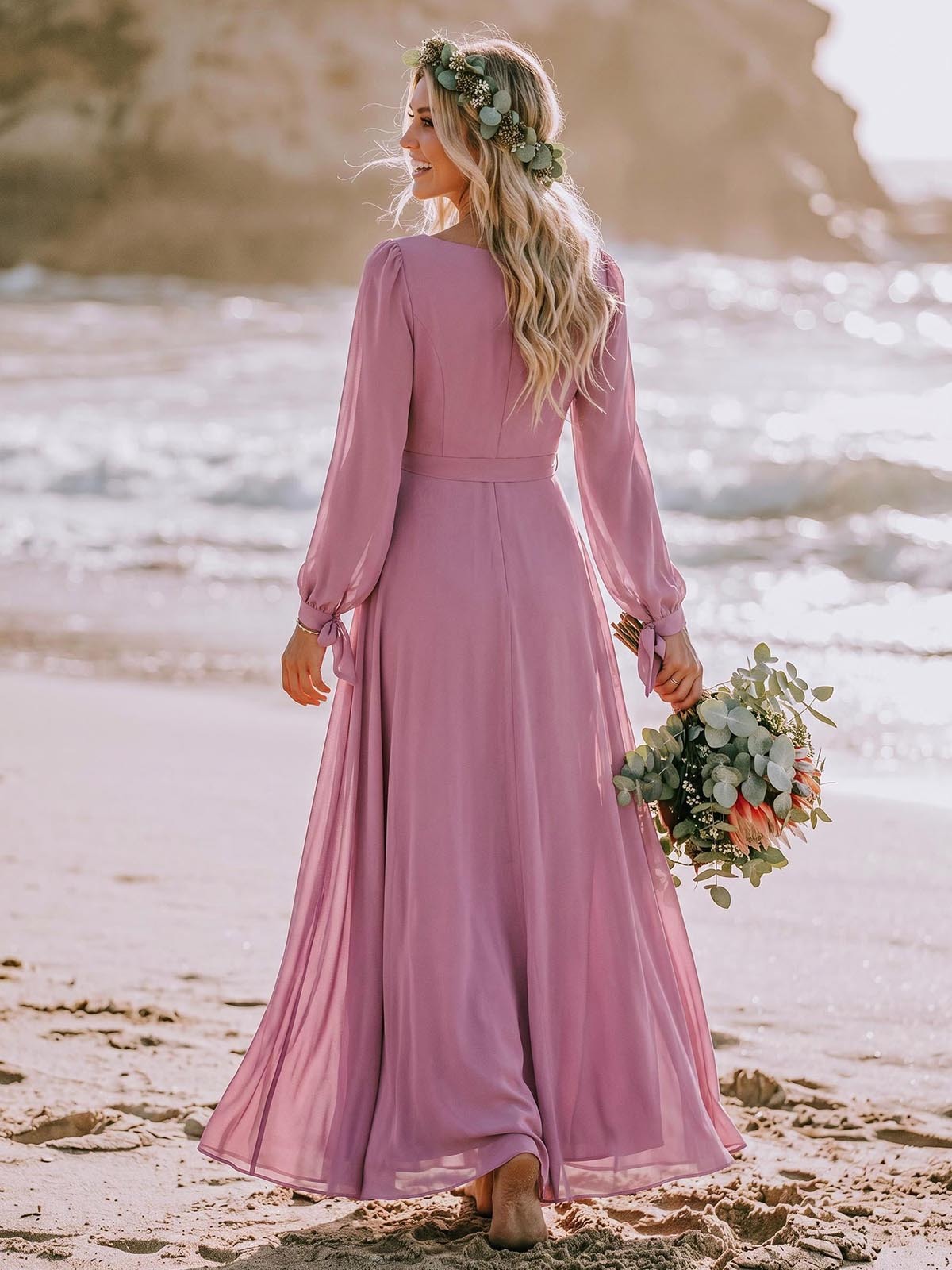 A-Line Scoop Neck Long Sleeves Floor-Length Chiffon Bridesmaid Dresses With Split Front Sash Bubble Hem, product image 2