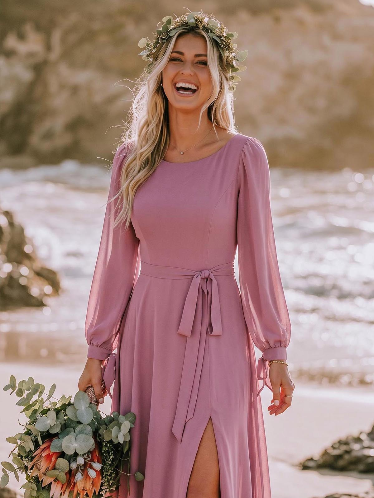A-Line Scoop Neck Long Sleeves Floor-Length Chiffon Bridesmaid Dresses With Split Front Sash Bubble Hem, product image 3