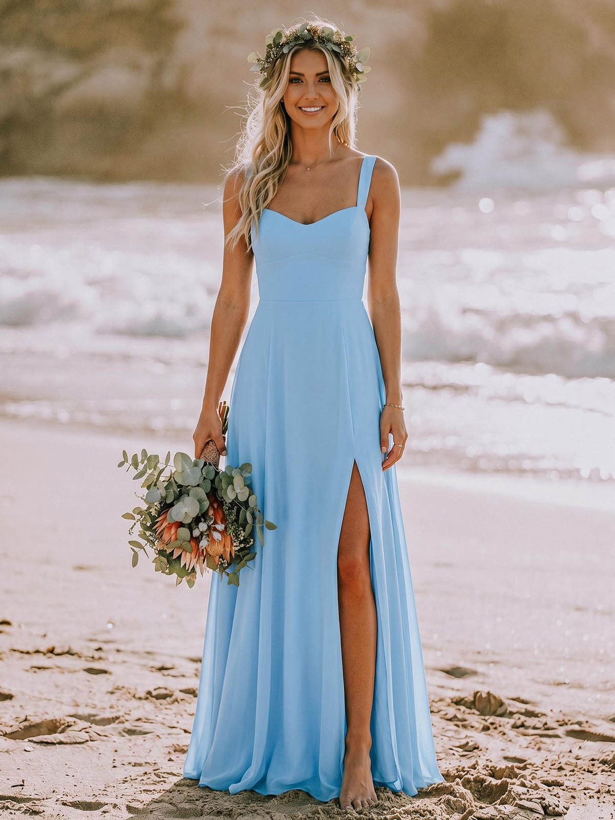 A-Line Sweetheart Sleeveless Floor-Length Elegant Chiffon Bridesmaid Dresses With Split Front