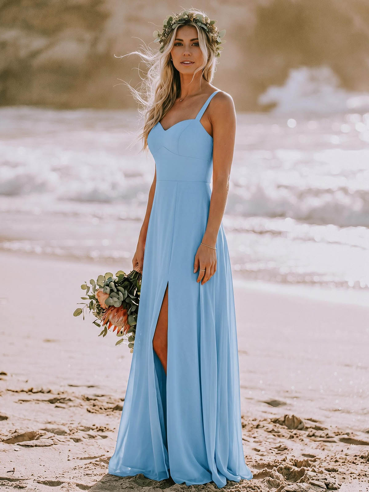 A-Line Sweetheart Sleeveless Floor-Length Elegant Chiffon Bridesmaid Dresses With Split Front