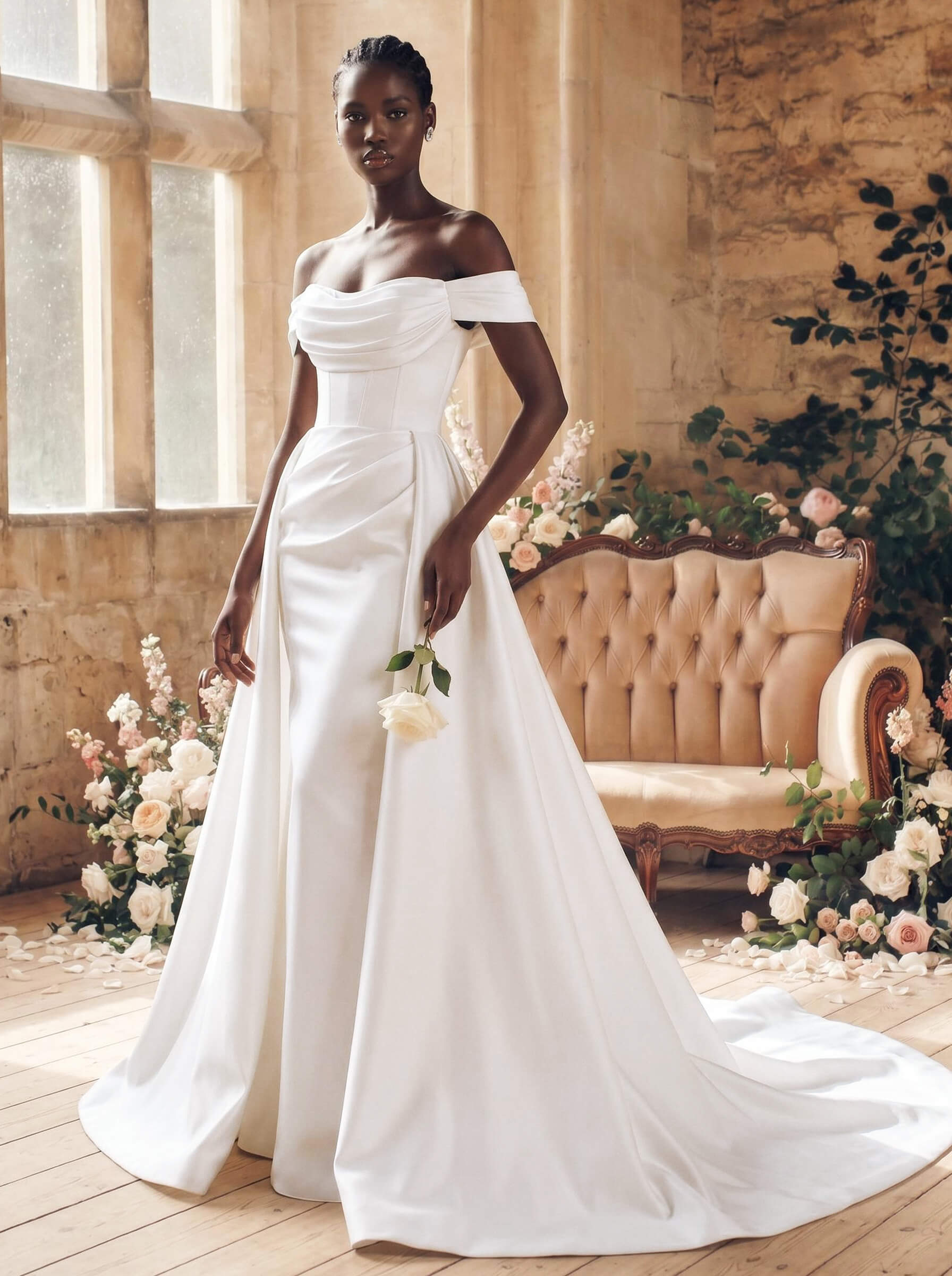 Modern Off-The-Shoulder Cowl Neck Satin Wedding Dresses in Ivory, US2