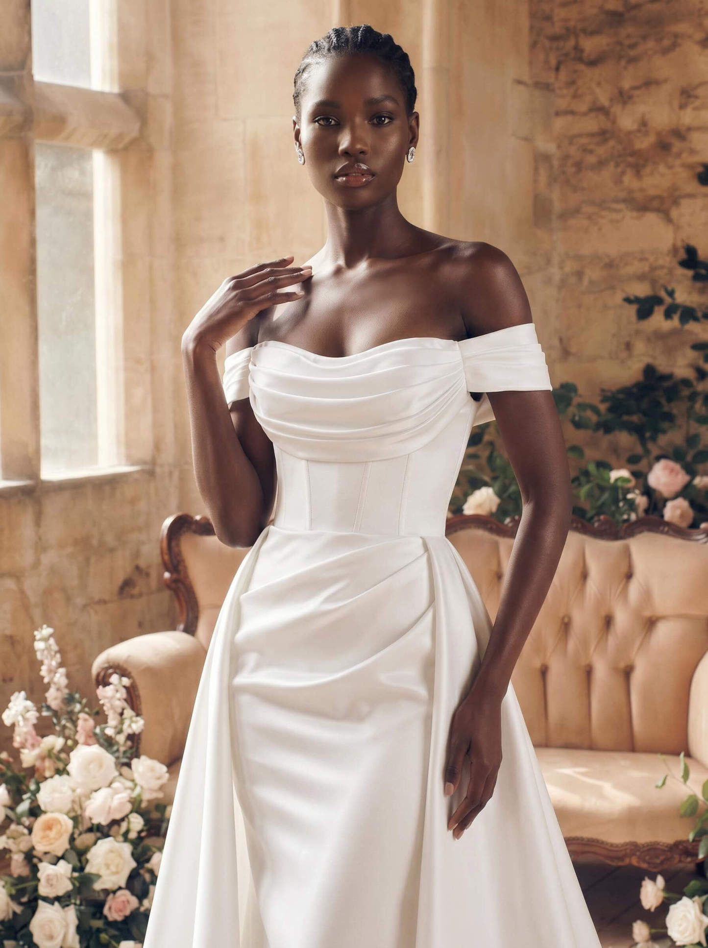 Modern Off-The-Shoulder Cowl Neck Satin Wedding Dresses, product image 2