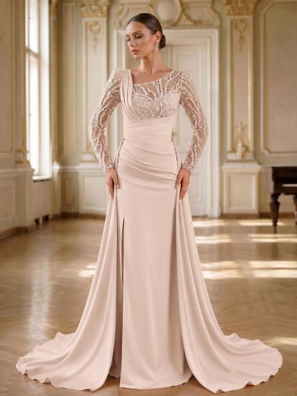 Beading Asymmetrical Neckline Long Sleeves Overskirt Sweep Train Elastic Satin Evening Dresses