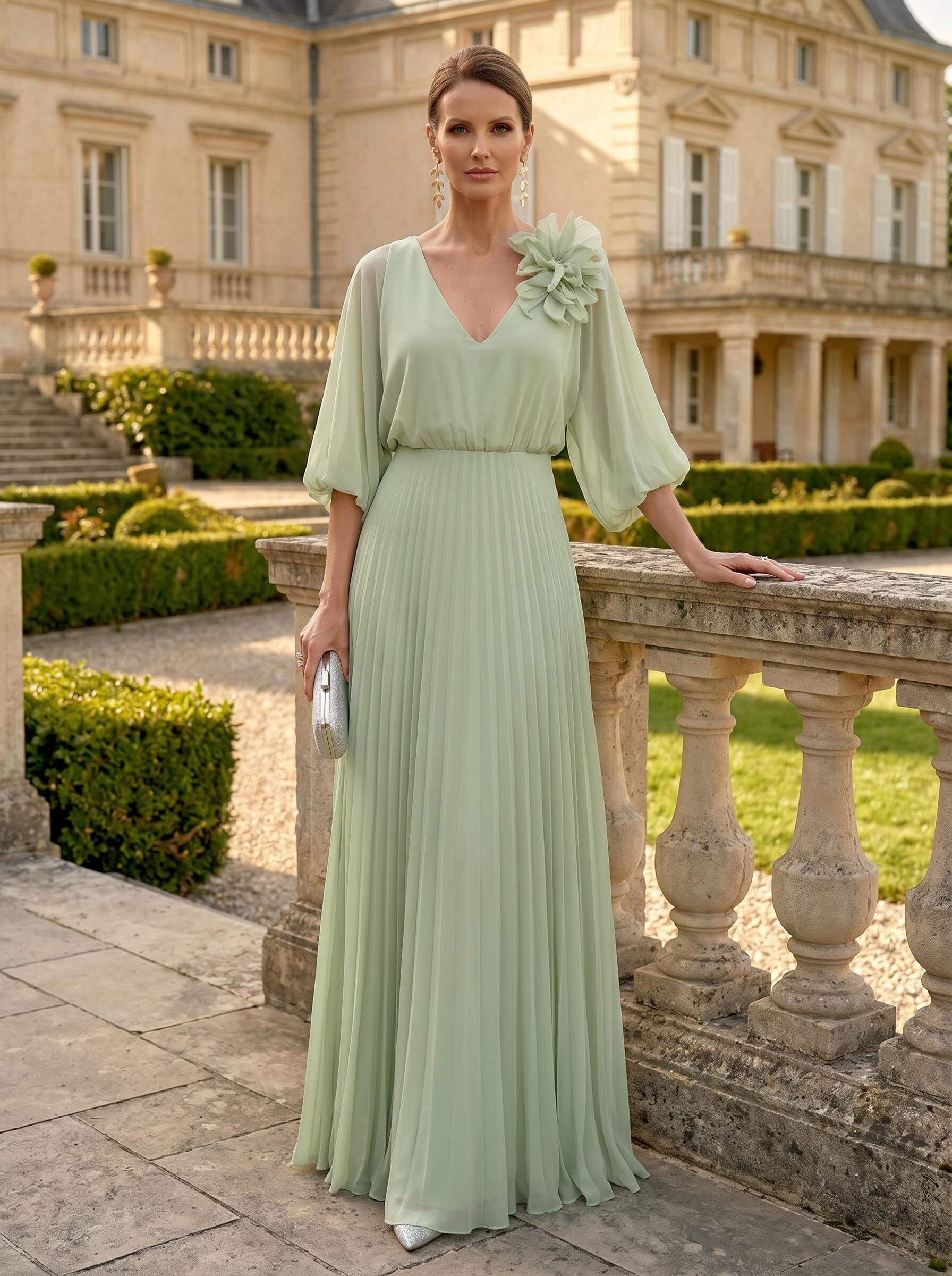 A-Line V-Neck 3/4 Sleeves Floor-Length Chiffon Mother Of The Bride Dresses With Flower(s), image 1