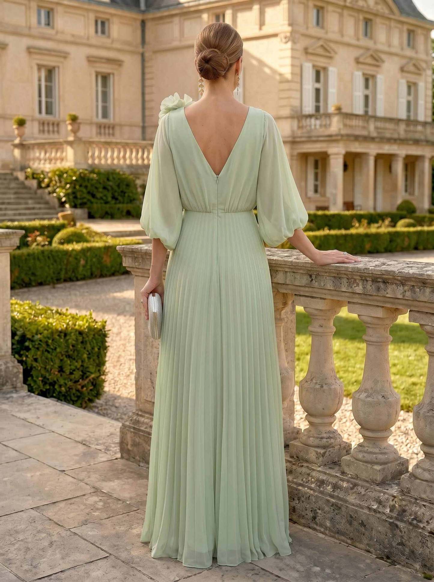 A-Line V-Neck 3/4 Sleeves Floor-Length Chiffon Mother Of The Bride Dresses With Flower(s), image 2