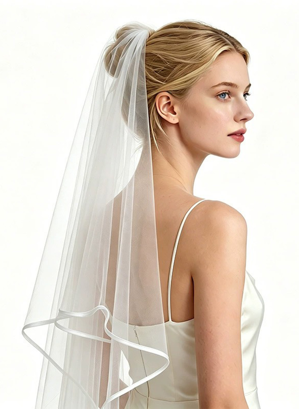 Satin Edge Two-Tier Tulle Elbow Bridal Veils