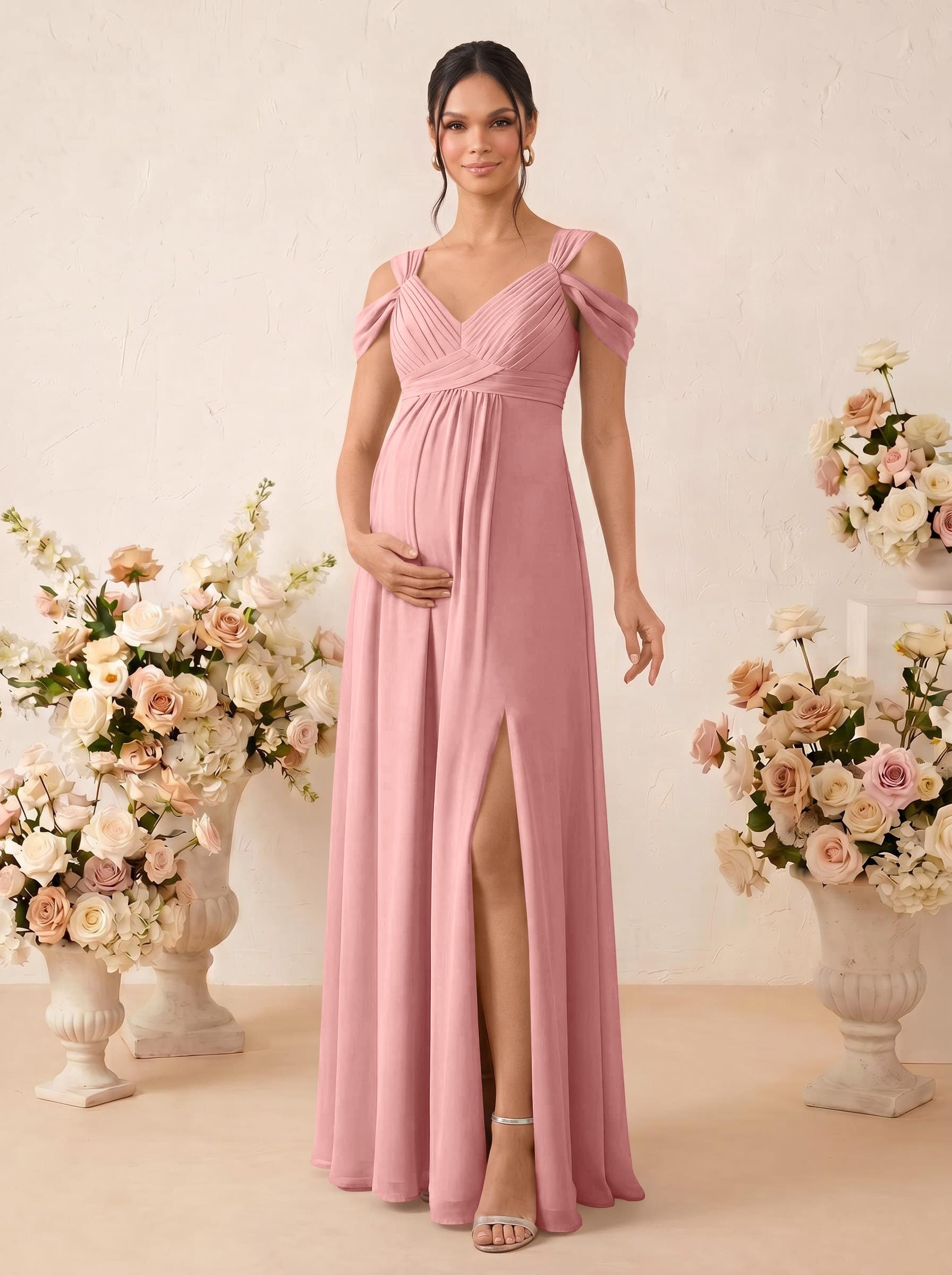 A-Line V-Neck Sleeveless Floor-Length Chiffon Maternity Bridesmaid Dresses With High Split, product image 25
