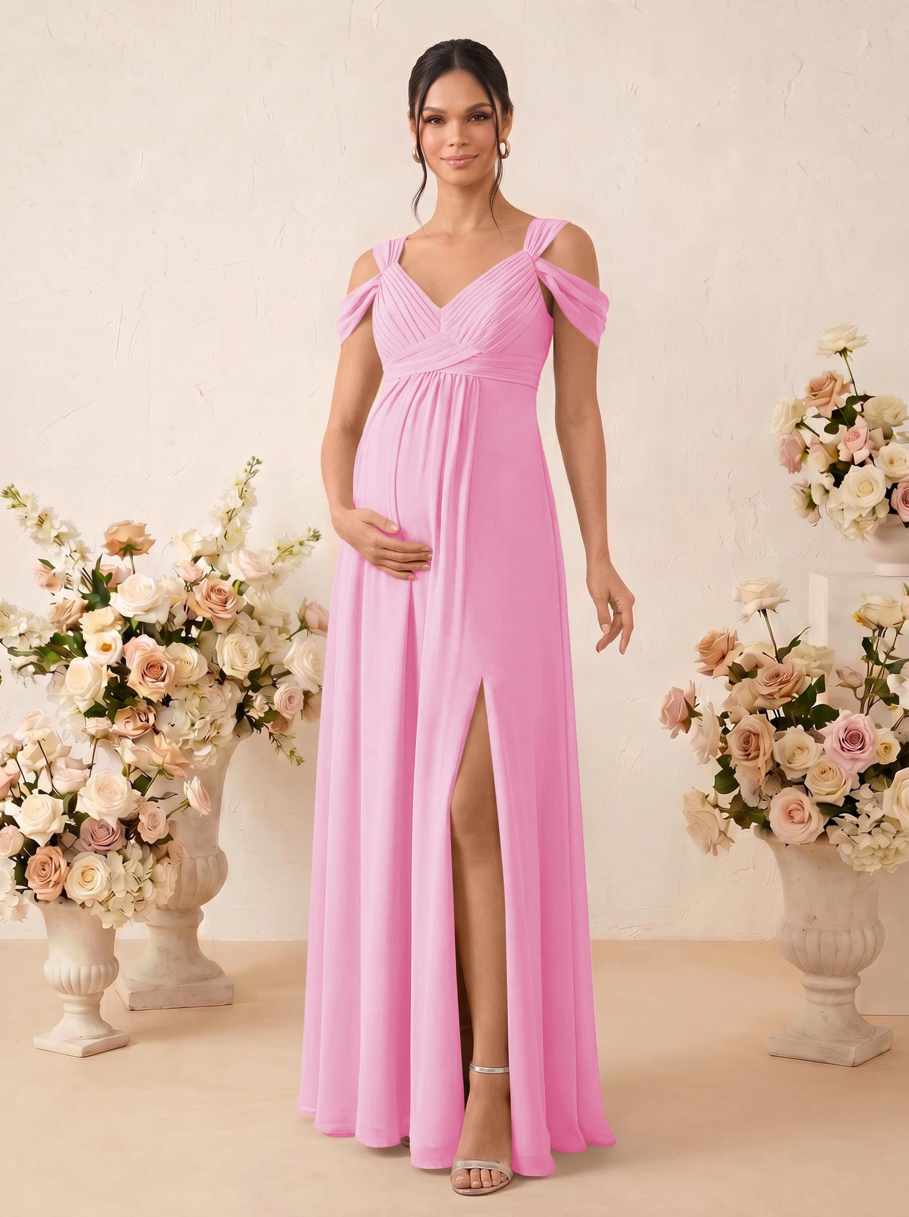 A-Line V-Neck Sleeveless Floor-Length Chiffon Maternity Bridesmaid Dresses With High Split, product image 29