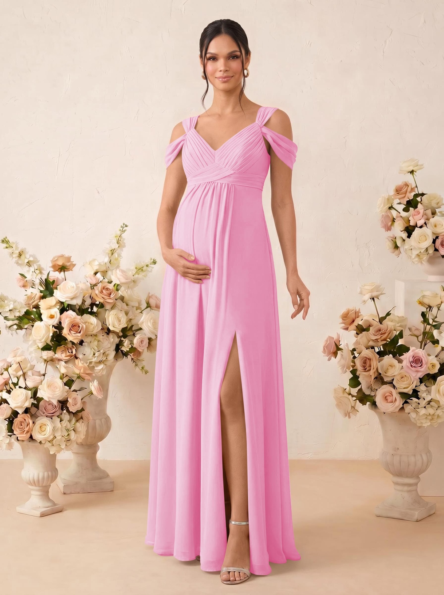 A-Line V-Neck Sleeveless Floor-Length Chiffon Maternity Bridesmaid Dresses With High Split, product image 29