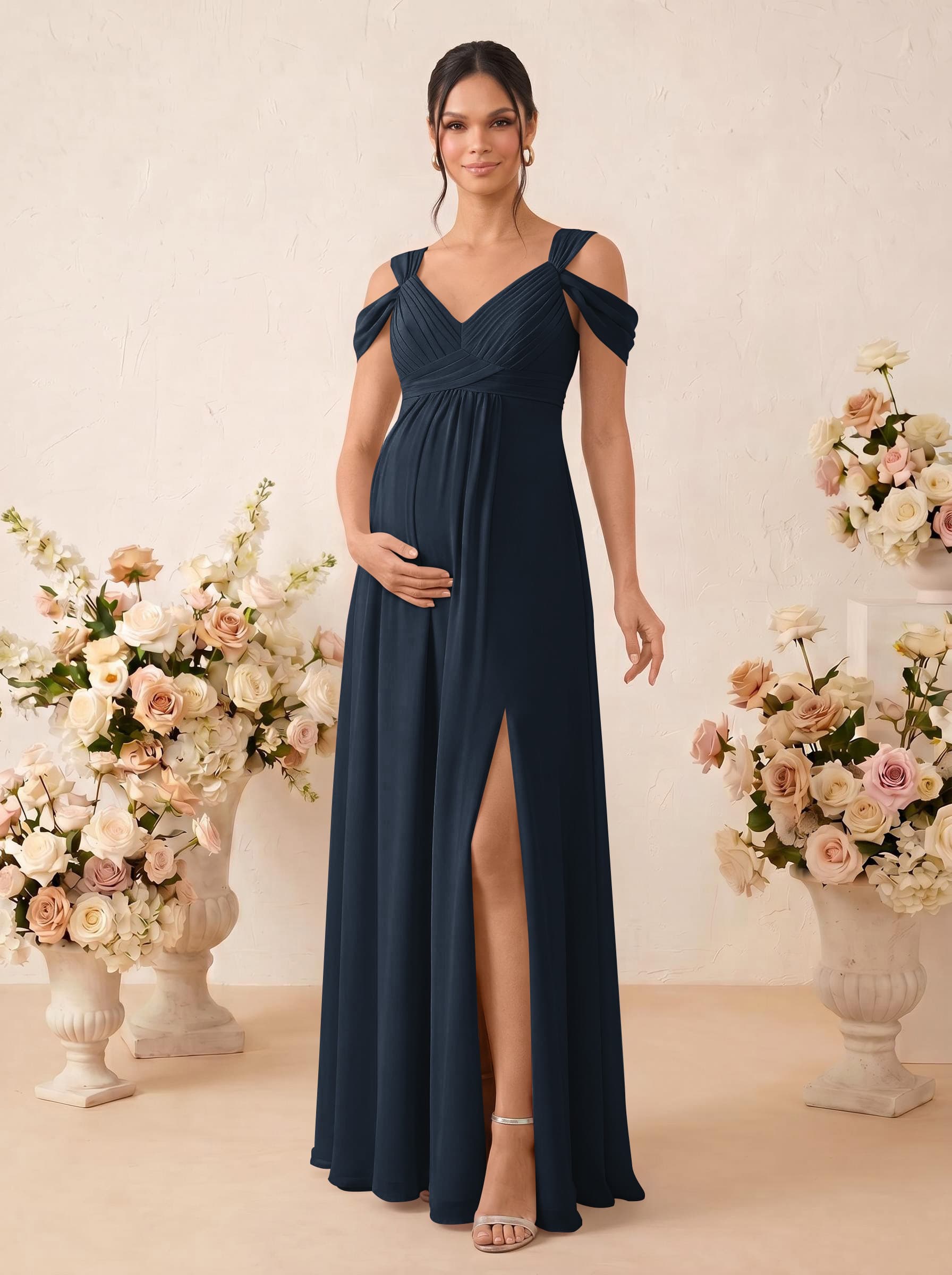 A-Line V-Neck Sleeveless Floor-Length Chiffon Maternity Bridesmaid Dresses With High Split, product image 4