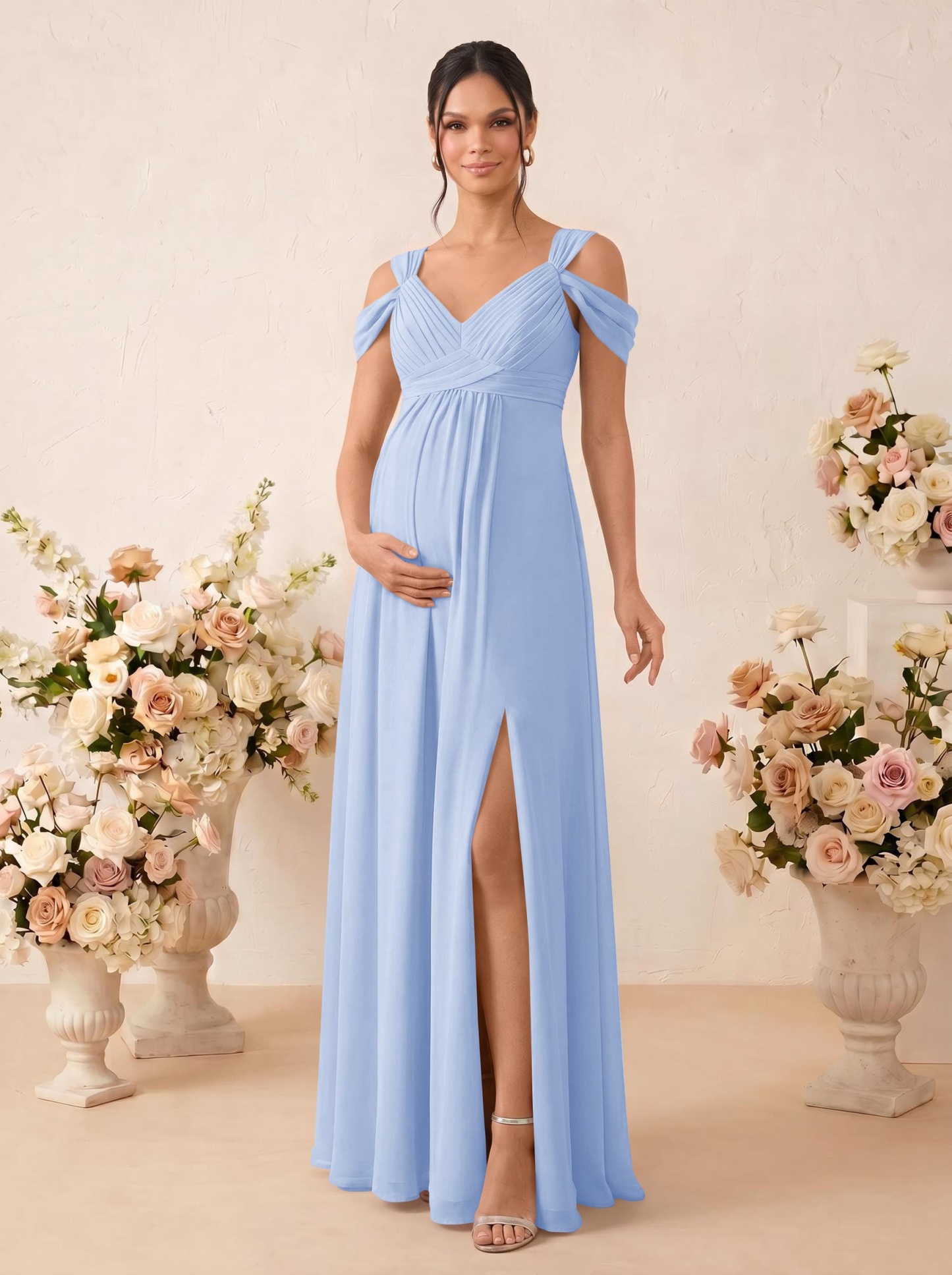 A-Line V-Neck Sleeveless Floor-Length Chiffon Maternity Bridesmaid Dresses With High Split, product image 35