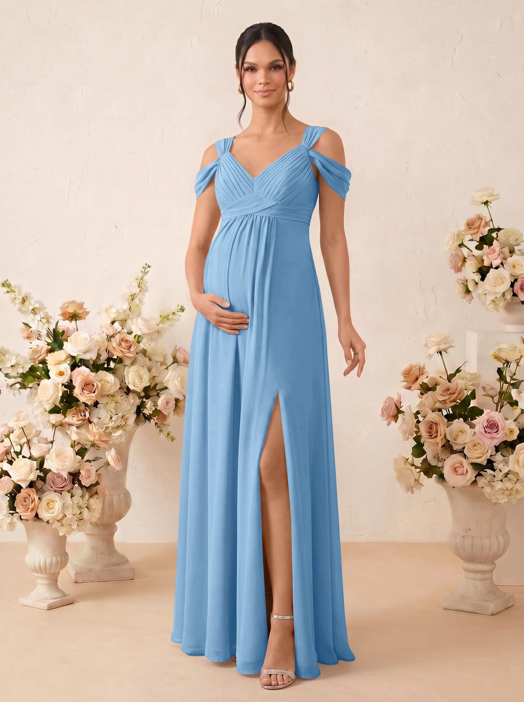 A-Line V-Neck Sleeveless Floor-Length Chiffon Maternity Bridesmaid Dresses With High Split, product image 13