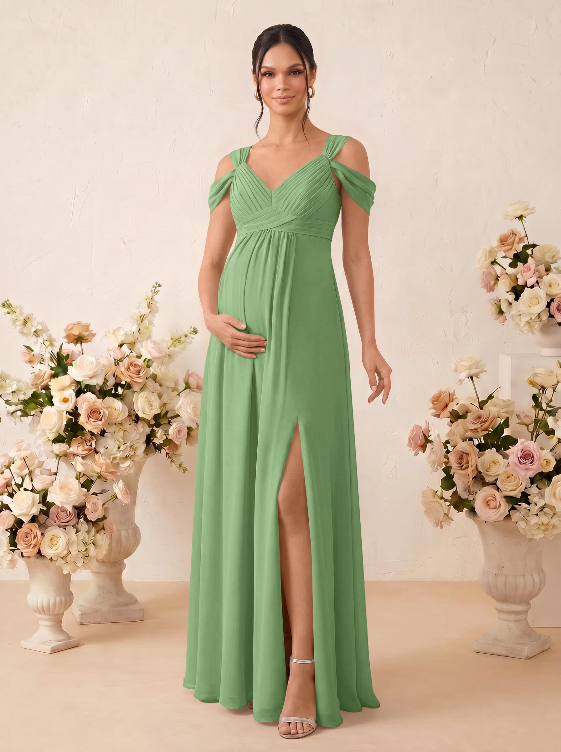 A-Line V-Neck Sleeveless Floor-Length Chiffon Maternity Bridesmaid Dresses With High Split, product image 68