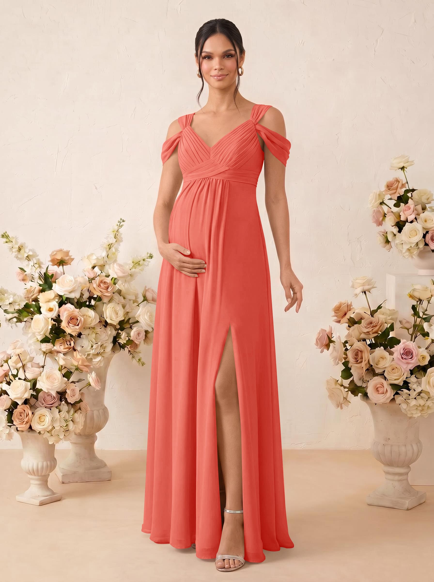 A-Line V-Neck Sleeveless Floor-Length Chiffon Maternity Bridesmaid Dresses With High Split, product image 55