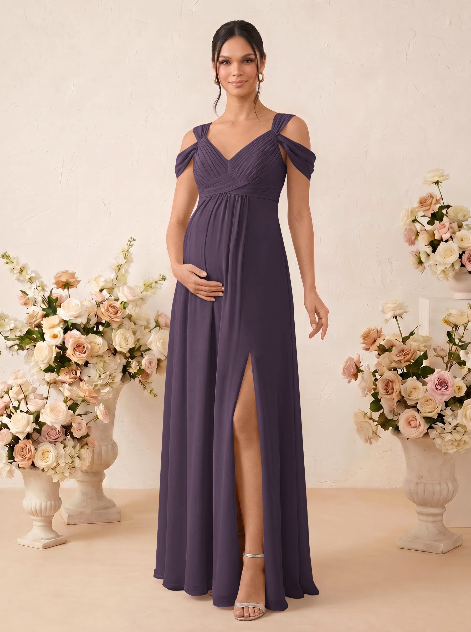 A-Line V-Neck Sleeveless Floor-Length Chiffon Maternity Bridesmaid Dresses With High Split, product image 37