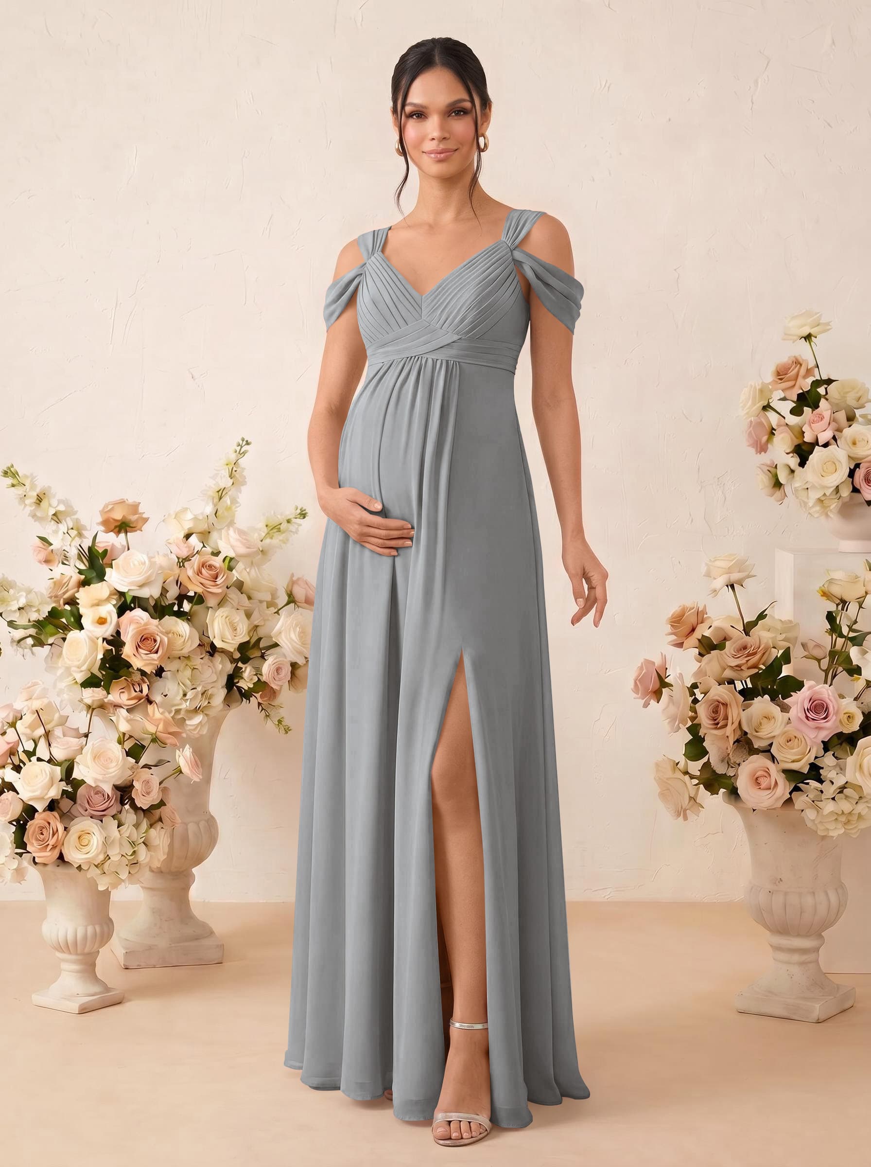 A-Line V-Neck Sleeveless Floor-Length Chiffon Maternity Bridesmaid Dresses With High Split, product image 59