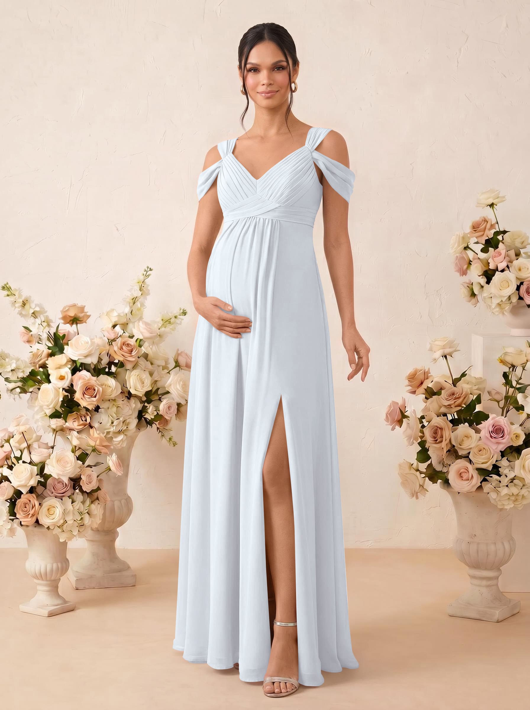 A-Line V-Neck Sleeveless Floor-Length Chiffon Maternity Bridesmaid Dresses With High Split, product image 58