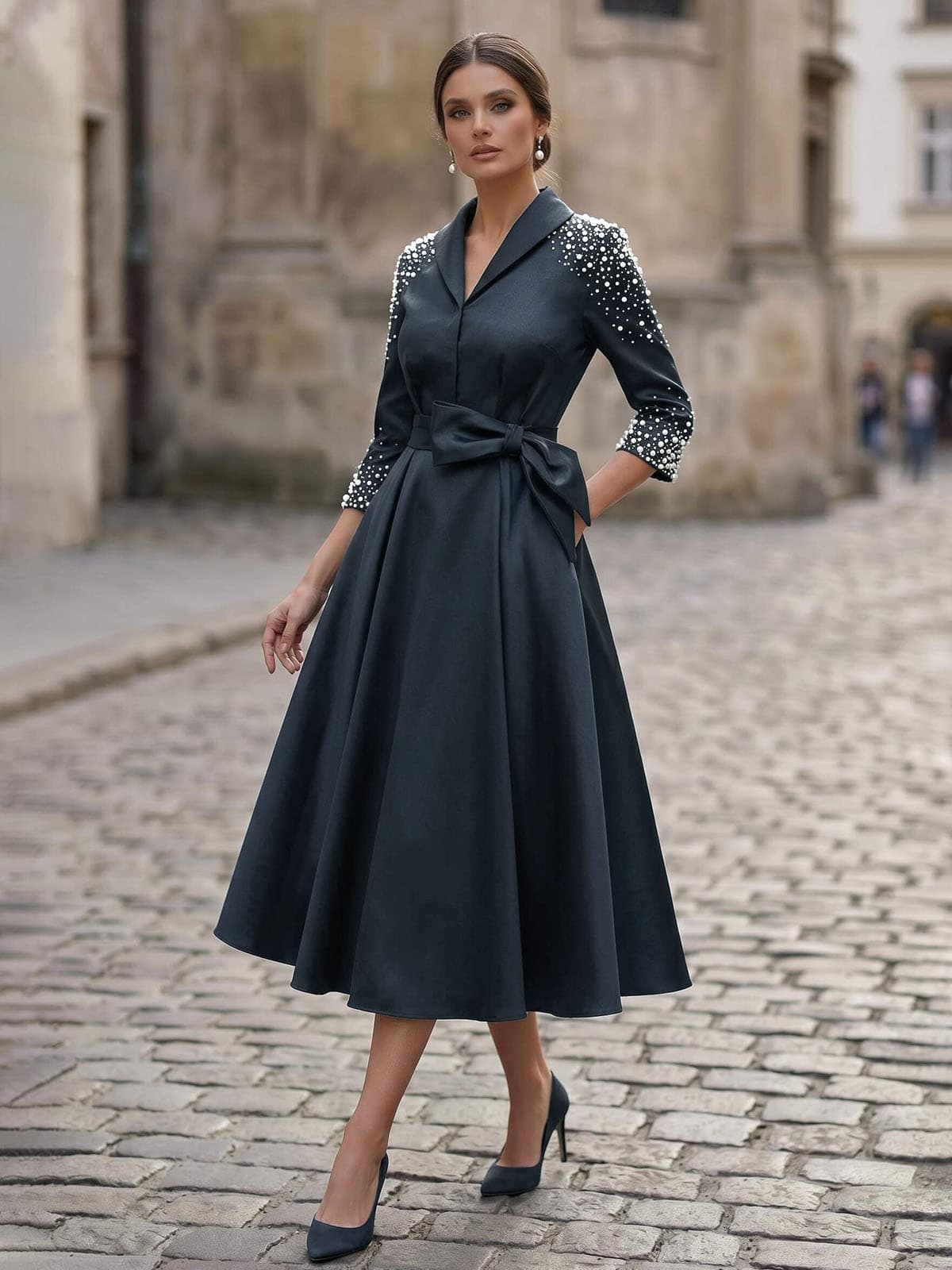 A-Line V-Neck 3/4 Sleeves Tea-Length Satin Mother Of The Bride Dresses With Bow(s)/Beading