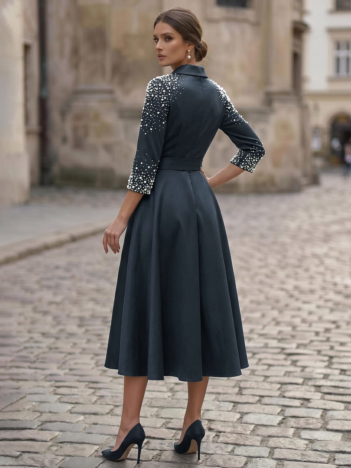 A-Line V-Neck 3/4 Sleeves Tea-Length Satin Mother Of The Bride Dresses With Bow(s)/Beading