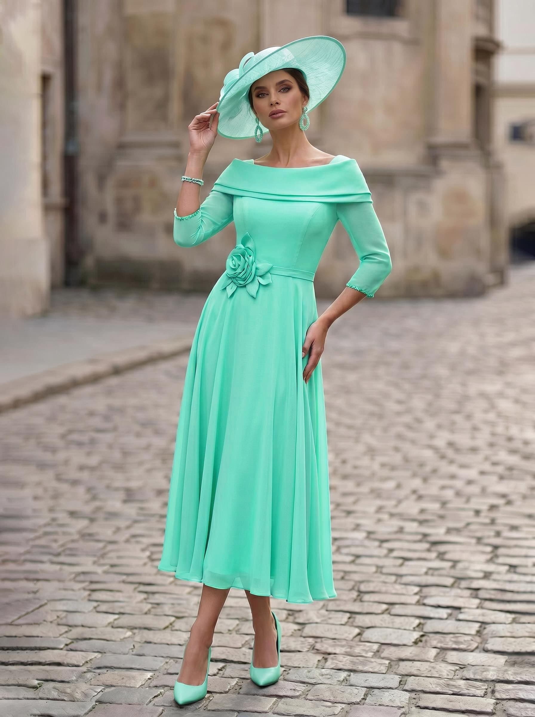 A-Line Square Neckline 3/4 Sleeves Ankle-Length Chiffon Mother Of The Bride Dresses