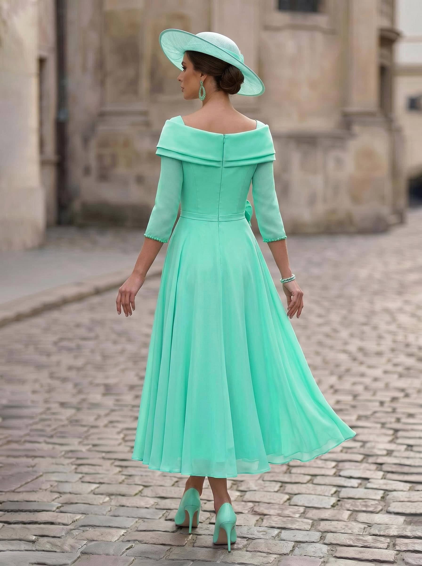 A-Line Square Neckline 3/4 Sleeves Ankle-Length Chiffon Mother Of The Bride Dresses