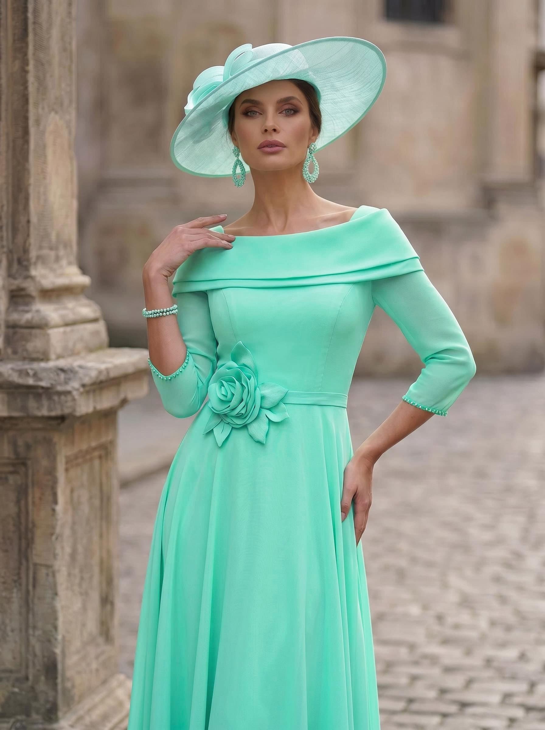 A-Line Square Neckline 3/4 Sleeves Ankle-Length Chiffon Mother Of The Bride Dresses
