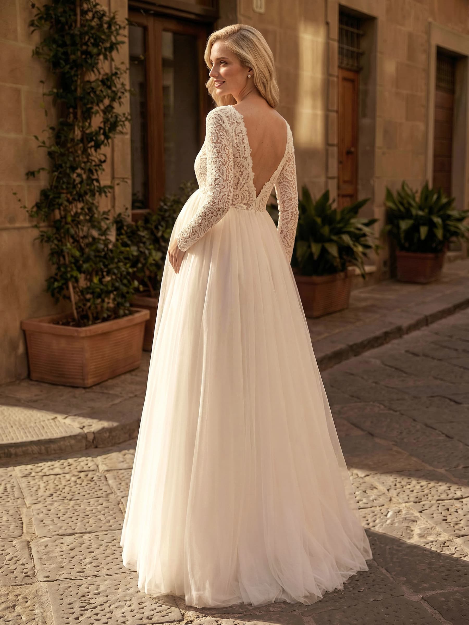 A-Line Satin Tulle Maternity Wedding Dresses Scoop Neck Long Sleeves With Lace, product image 3