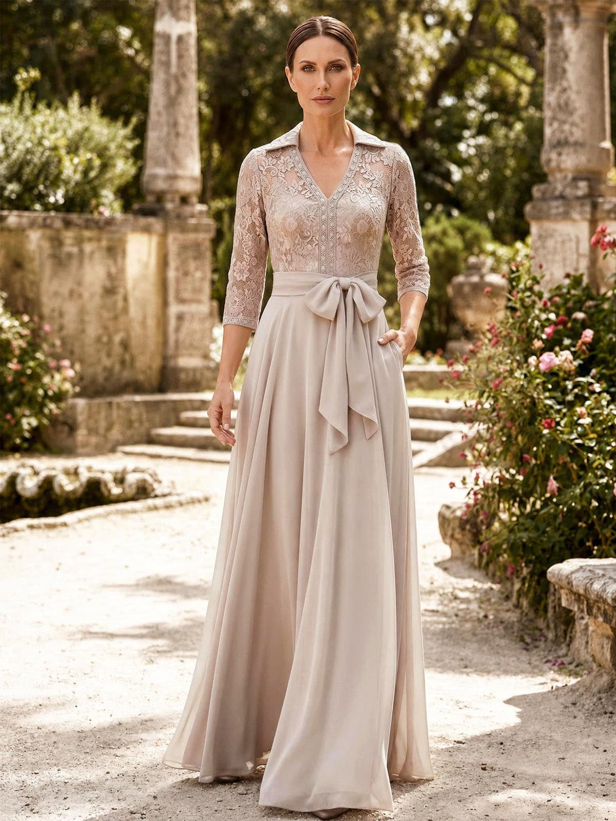 A-Line V-Neck 3/4 Sleeves Floor-Length Chiffon Mother Of The Bride Dresses