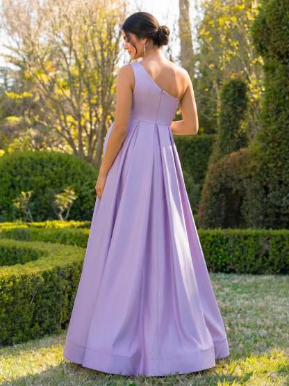 A-Line One-Shoulder Sleeveless Floor-Length Satin Bridesmaid Dresses With High Split