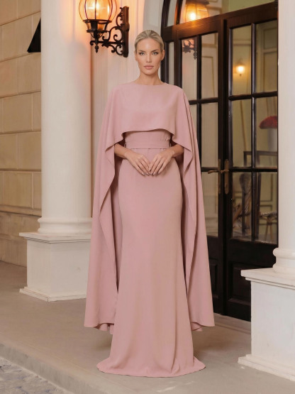 Sheath/Column Scoop Neck Cape Sleeves Floor-Length Crepe Satin Evening Dresses in Dusty Rose, US2