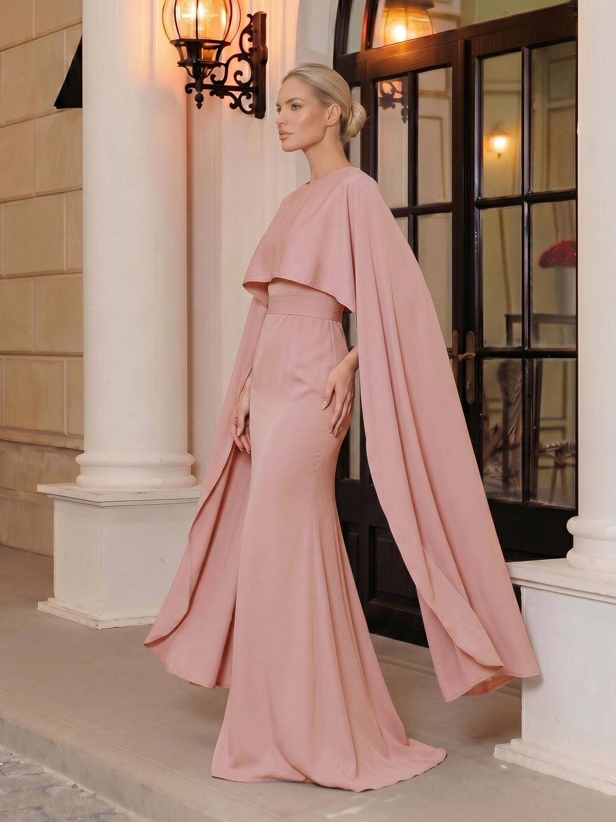 Sheath/Column Scoop Neck Cape Sleeves Floor-Length Crepe Satin Evening Dresses, supplier image 2
