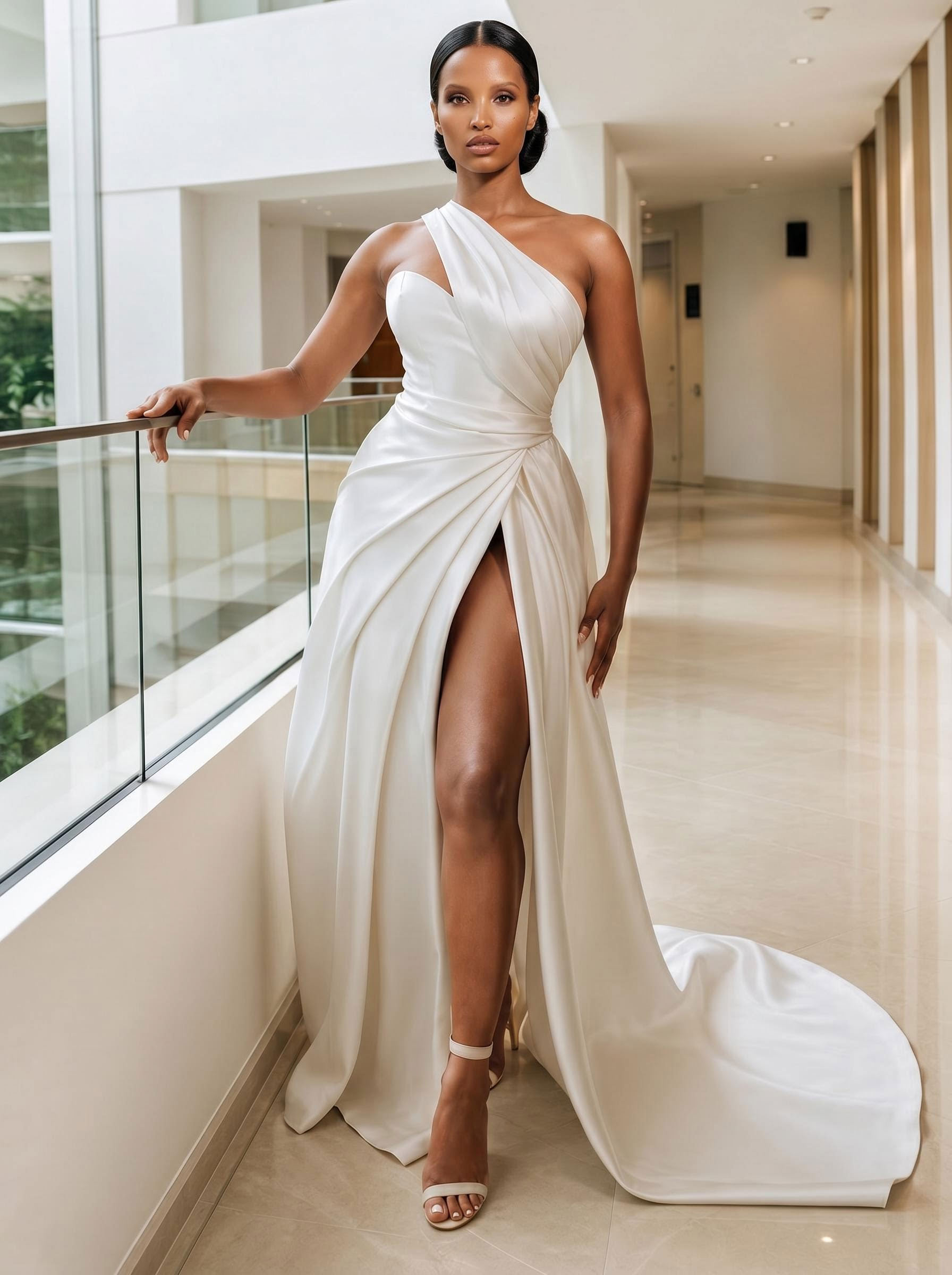 A-Line One-Shoulder Sleeveless Court Train Satin Wedding Dresses With Split Front, product image 1
