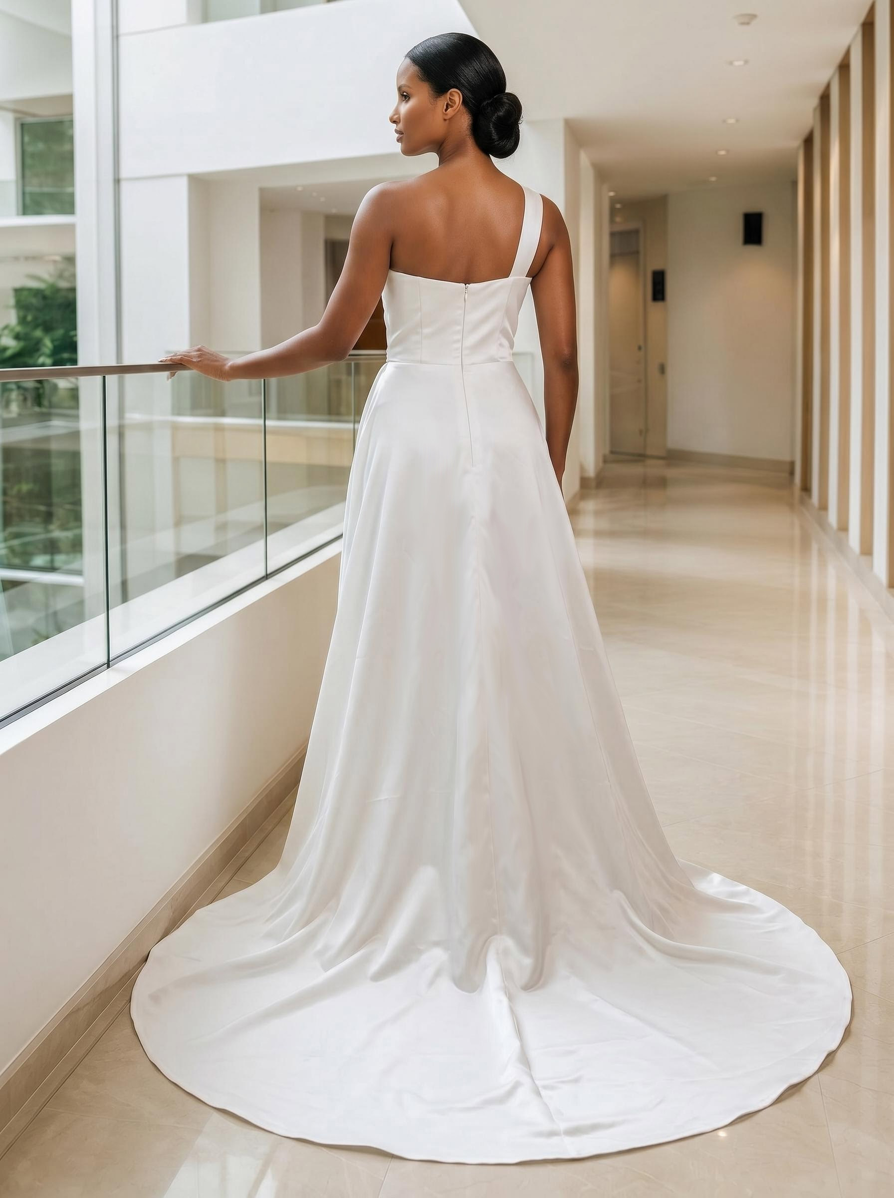 A-Line One-Shoulder Sleeveless Court Train Satin Wedding Dresses With Split Front, product image 2
