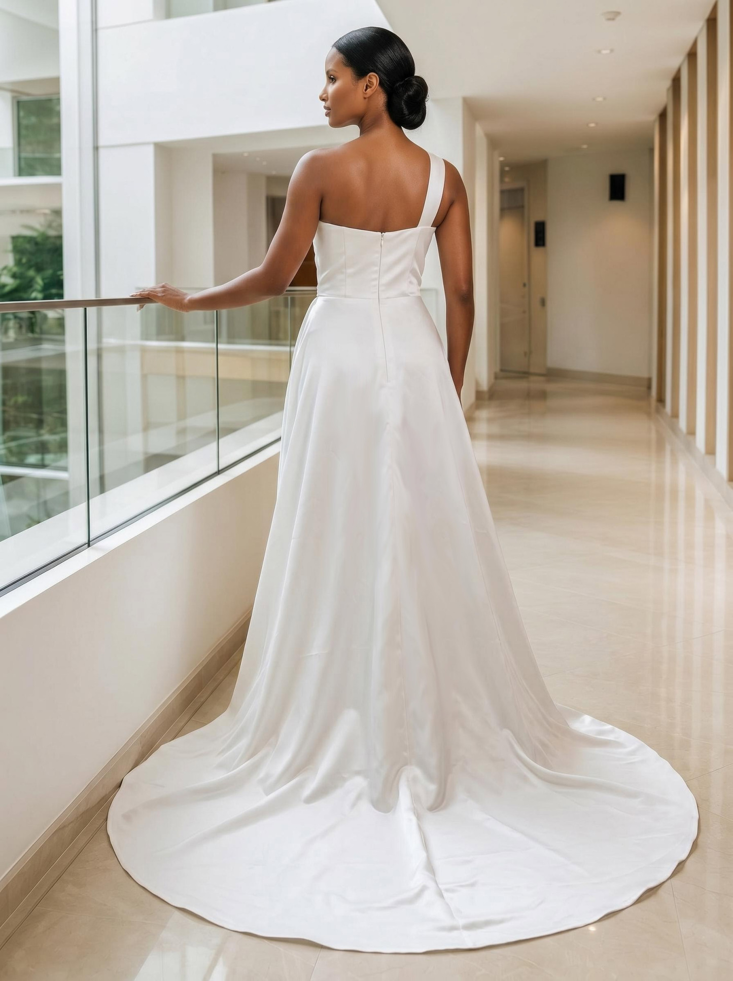 A-Line One-Shoulder Sleeveless Court Train Satin Wedding Dresses With Split Front, product image 2