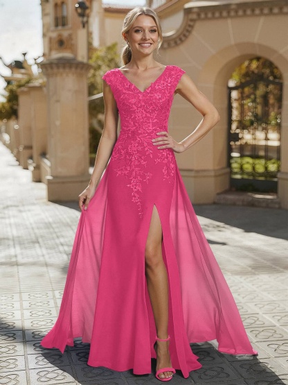 Sheath/Column V-Neck Sleeveless Chiffon Mother Of The Bride Dresses With Appliques Lace/High Split, product image 17
