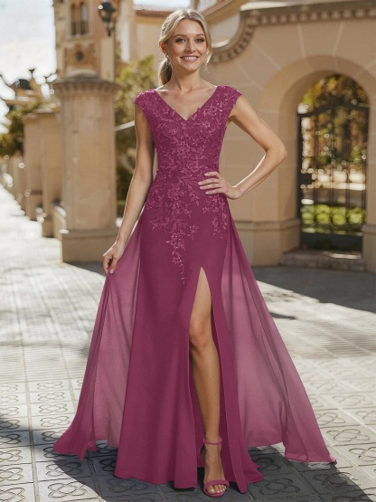 Sheath/Column V-Neck Sleeveless Chiffon Mother Of The Bride Dresses With Appliques Lace/High Split, product image 29